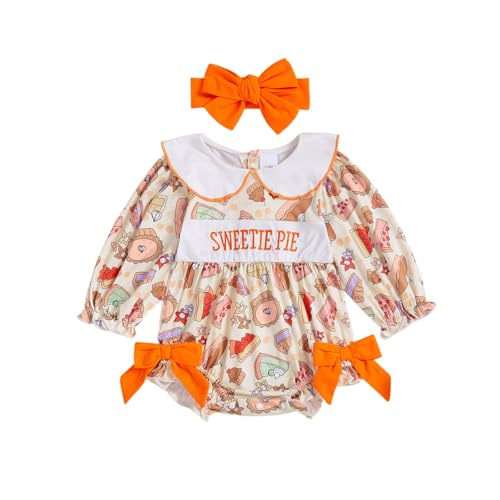Thanksgiving Baby Girl Outfit Sweetie Pie Puff Long Sleeve Smocked Romper Cake Print Doll Collar Bodysuit Headband