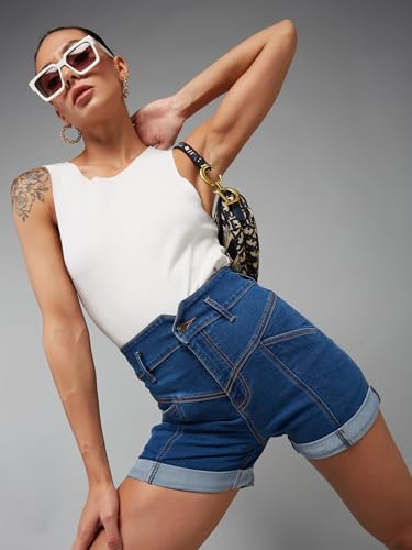 Image of Dolce Crudo Women's Relaxed Fit Mid-Rise Denim Shorts with Adjustable Waist & Frayed Hem