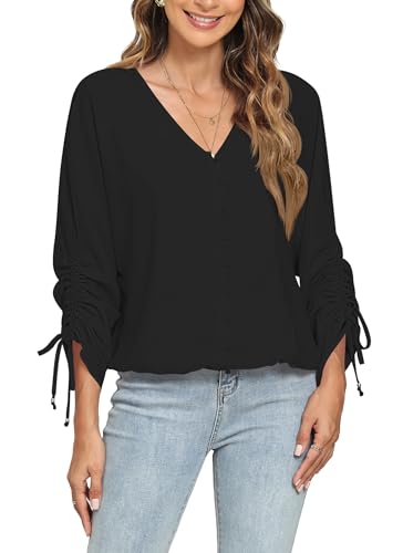 Image of 2025 Womens Chiffon Blouses V Neck 3 /4 Sleeve Tops Oversized Button Down Flowy Shirts Business Casual Outfits
