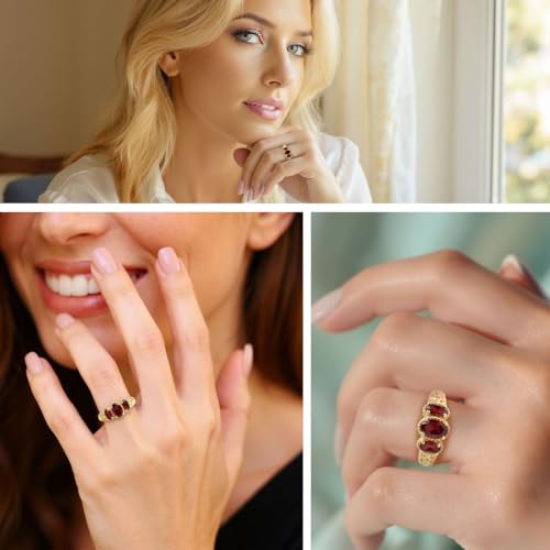 3 Stone Garnet Ring for Women in 14K Gold Plated 925 Sterling Silver - January Birthstone Promise Engagement Vintage Red Garnet Jewelry Birthday Gifts for Womens2