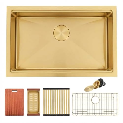 Image of 27 inch Gold Sink,Undermount Single Bowl Kitchen Sinks,16 Gauge Stainless Steel Workstation Kitchen Sink (Gold, 27 X 18 inch)