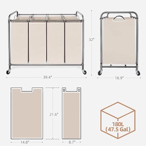 Image of STORAGE MANIAC Laundry Sorter 4 Section, 47.5 Gal (180 L) Laundry Hamper with Wheels, Clothes Divider Basket Sorter, Separator Hamper Cart with Removable Bags, Beige