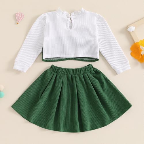 BeQeuewll Fall Winter Toddler Baby Girl Clothes Long Sleeve Ruffle Patchwork Top Corduroy Skirt Set Girls Dress 2pc Outfits3