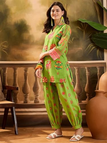 Image of EthnicJunction Women's Linen Floral Print Summer Wear Straight Short Kurti with Afghani Pant Set | Co Ord Set for Women Stylish | Fusion wear Women