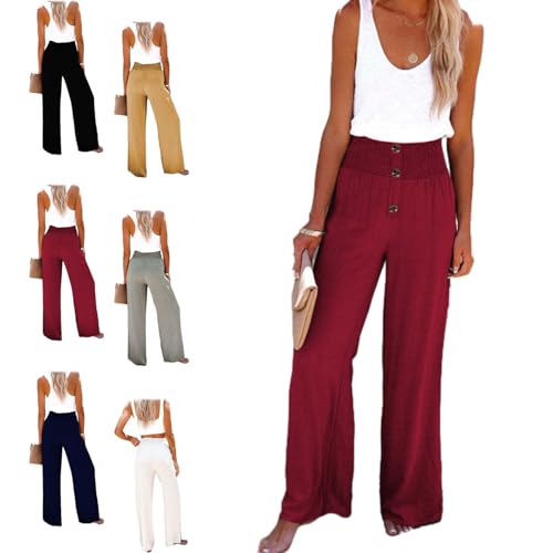 Sakesfor Linen Blend High Rise Smocked Pants, Linen Pants Women, Summer High Waisted Cotton Linen Palazzo Pants - Main Image