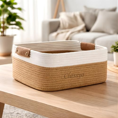 Image of Classyo Cotton Jute Basket for Storage (12 X 8 X 5 INCH), Jute Storage Basket Ideal for Organization & Gift Hampers | Storage Box Shelf Baskets for Kitchen (Beige and White)