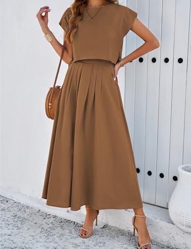 Image of Mingzhu Womens 2 Piece Outfits Skirt Set Summer Casual Cap Sleeve Crop Tops Maxi Dress Sets with Pockets