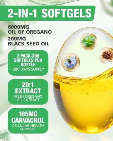 Miniatura 5 de Aceite de orégano con aceite de semilla negra  200 cápsulas de aceite de orégano orgánico, apoyo inmunológico y digestivo, apoyo antioxidante, sin