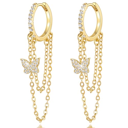 Gold Butterfly Earrings 14K Gold Hoop Earrings for Women Dangle Hoop Earring Tassel Chain and Cubic Zircon Wedding Butterfly Earring for Women