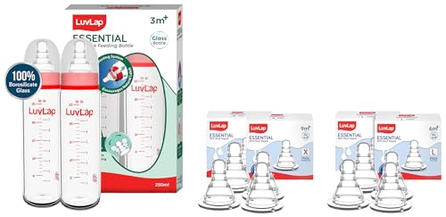 Image of LuvLap Essential Slim Neck Glass Feeding Bottle, Pack of 2, 250ml & Anti-Colic Essential Teat /Nipple for Slim Neck Bottle, 4pcs & Anti-Colic Essential Teat /Nipple 4pcs, Fast Flow, 6m+