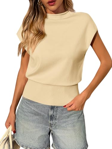 Image of Saodimallsu Womens Cap Sleeve Summer Sweaters Tops Casual Lightweight Sweater Vest Mock Neck Knit Tank Top