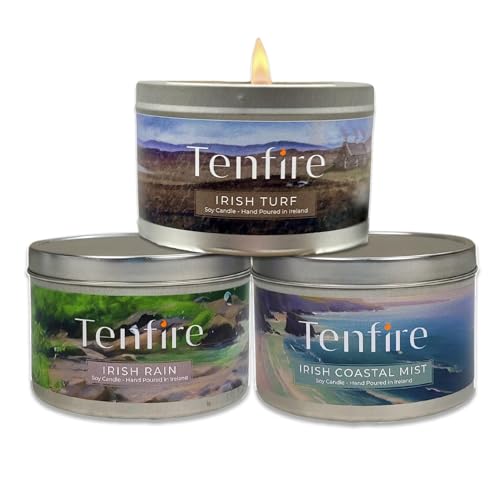 Tenfire Irish Candles Gift Set of 3 HandPoured Soy Wax Scented Candles - Irish Turf Coastal Mist & Rain 120H Burning Soy Candle for Home Scented Best Gift for Relaxation & Home Dcor