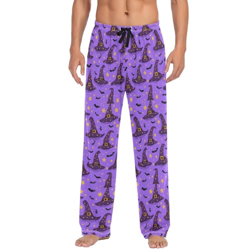 Men's Purple Witch's Hats Pajama Pants with Pockets - Straight Fit Cotton Sleep Bottoms for Lounge & Nightwear#712