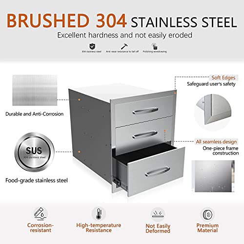 Image of 16''W x 21''H x 23''D Outdoor Kitchen Triple Access Drawers Stainless Steel, Flush Mount BBQ with Handles BBQ Island for Outdoor Kitchens or Patio Grill Station