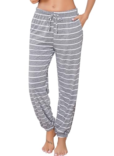 Lovasy Pantalon Pijama Mujer Algodon Raya Pantalones Mujer Invierno Ancho Pantalón con Bolsillos y Cordón,Gris Claro,S