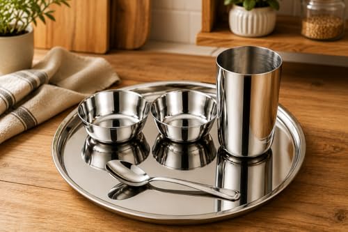 Image of Stainless Steel Dinner Set for 1 Person | 5 Piece Thali Set with Plate, Bowls, Glass & Spoon | Mirror Finish Serving Dinnerware Combo for Home & Restaurant