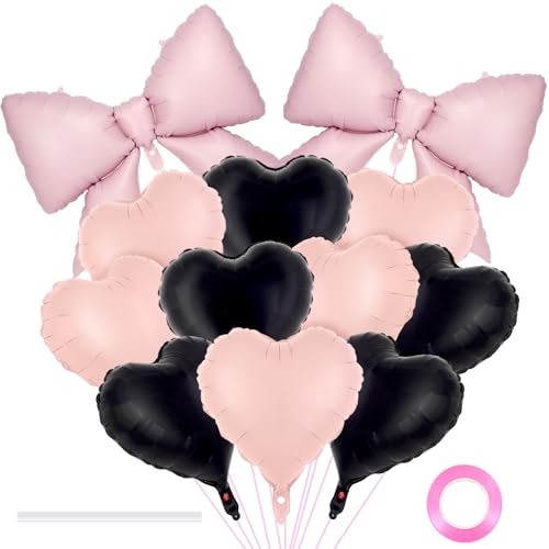 Image of 12 Pcs 18 Inch Heart Balloons and 38 Inch Bow Balloons, Large Foil Bow Heart Balloon Bow Party Decorations for Birthday Baby Shower Valentines Wedding Party