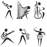 Music Room Wall Decals - Playful Cartoon Jazz Band Set of 6 Funny Small Men Playing Instruments | Removable PVC Stickers for Music & Kids Room Decor | 11x38 Inch (JWH136 Black)