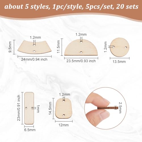 OLYCRAFT 100Pcs 5 Style Natural Wood Earring Blanks Wood Connector Pendants Geometric Undyed Wood Pendants Connectors Links with Double Hole for Bracelet Earring Necklace Jewelry Making DIY Crafts - Image 2