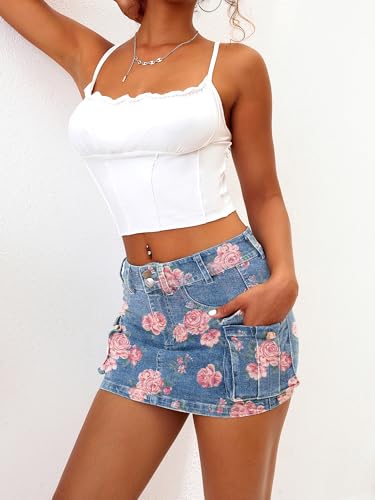 Image of ELLEVEN Low Rise Denim Mini Skirt for Women High Stretch Jean Skirts | Women's Sexy Bodycon Cargo Denim Skirt with Pockets, Y2K Casual Jean Style, Trendy Summer Outfits