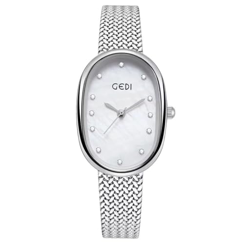 Gosasa Elegant Women's Quartz Watch - Oval Dial, Slim & Cute, Modern Minimalist Design, 30m Waterproof, Mother-of-Pearl Face, Adjustable Stainless Steel Mesh Band (Silver White)