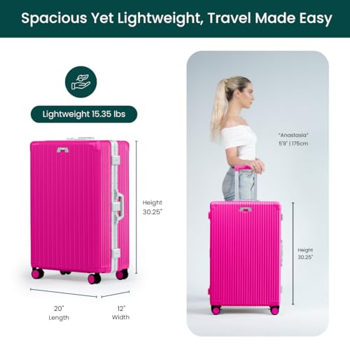 Image of Nobl Travel Large Luggage, Noble Zipperless Aluminum Frame PC Hard Shell Checked Suitcase, 30.25 inchx20 inchx12 inch, Big Check-in Bag with 360 Spinner Wheels, TSA Locks, Interior Compression - Hot Pink