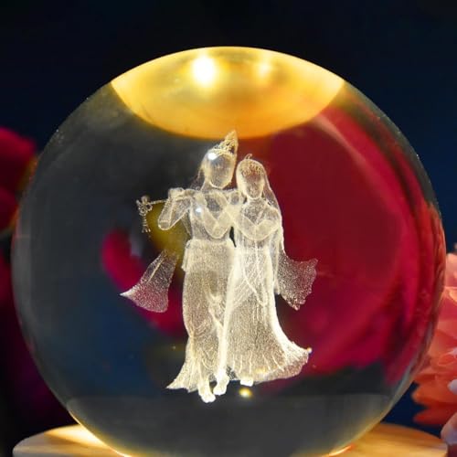 Image of 3D Radha Krishna Flute Crystal Ball LED Night Lamp, Spiritual Engraved Design with Wooden Base, Decorative Night Light for Home Mandir, Gift (Radha Krishna)