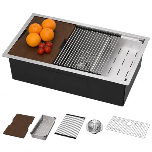 Évier de cuisine encastrable de 76,2 cm avec ensemble d'accessoires, planche à découper facile à soulever, bol simple sous comptoir de 25,4 cm de profondeur en acier inoxydable T304 de calibre 16 76,2