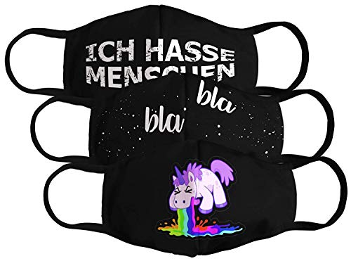 Dilara Maske wiederverwendbar aus Stoff - 3 Masken im Set aus Baumwolle waschbar für Erwachsene mit Motiv: BlaBlaBla, Einhorn, Ich Hasse Menschen (3 Stück)