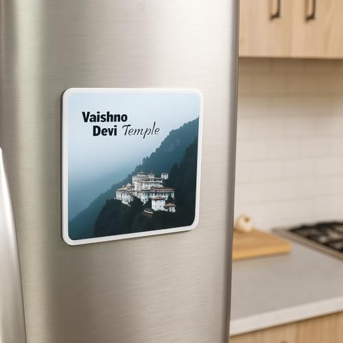 Image of Naxon Vaishno Devi Temple Theme Souvenir Wooden Fridge Magnet for Refrigerator - Printed Fridge Magnet for Kitchen & Home Decor | Perfect Souvenir Gift | Size 3x3 in | Pack of 1