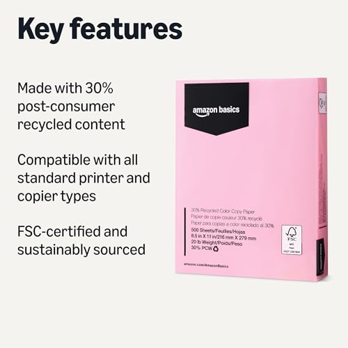 Image of Amazon Basics 30% Recycled Color Copy Paper, 8.5 inch x 11 inch, 20lb, Pastel Pink, 500 Sheets (Pack of 2)