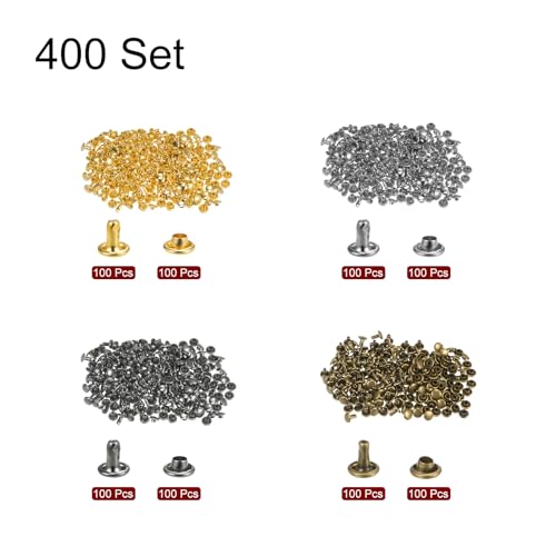 QUARKZMAN 400 Sets Ledernieten, 6 x 6 mm, Metall, Doppelkappe, Nieten, Druckknöpfe, Nieten, Verschlüsse mit 3 Setzwerkzeugen, Nieten für Lederhandwerk, DIY, Reparatur, Dekoration, 4 Farben