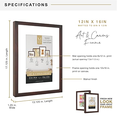 Image of MCS Gallery Wooden Frame for Canvas, Art Boards, Photos and more, Walnut, 12x16 with 8x12 Mat
