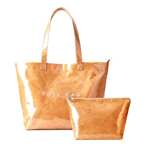 Image of KALIDI PVC Zipper Tote Bag, Jelly Kraft Paper Beach Bag Large Hobo Carry All Travel Shopping Handbag Plastic Shoulder Bag