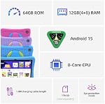 2026 Upgraded Kids Tablet 10 Inch, Android 15 Tablet for Kids with 8-Core, 12(4+8) GB RAM 64GB Storage, EVA Shockproof, Parental Control, Kids Space, WiFi, BT, Plimpton Kids20 - Blue