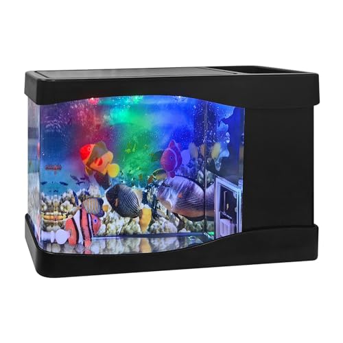 YATOSEEN LED-Aquariumlampe, 3-Farben-Licht, mini-Aquarium-Deko, bunte Hintergründe, 3 künstliche Fische, ideal für Büro, Schlafzimmer, Wohnzimmer, Geschenke für Kinder oder Katzen