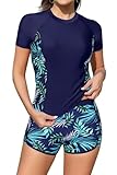 SHEKINI Damen Kurzarm Rash Guard 2 Stück Badeanzug Shirt Strandmode mit Boardshorts(tiefblau+verlassen, Large)