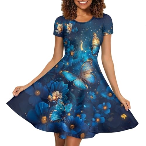 Image of HUGS IDEA Womens Puffy Swing Midi Dress Round Neck Short Sleeve Party A-Line Dresses