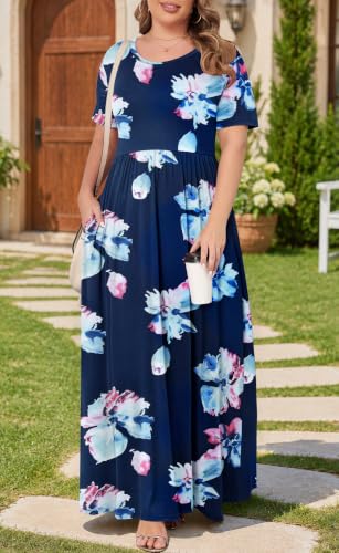 Image of KARALIN Women Plus Size Maxi Dress Short Sleeve Round Neck Loose Fit A-Line | Plus Size Long Dress,Summer Casual Maxi Dresses,Short Sleeve,Side Pockets,Round Neck,Elastic Waist,14 Plus - 26 Plus