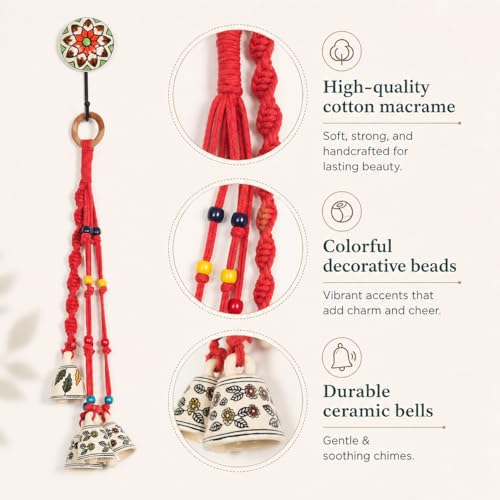 Image of KAAMERI BAZAAR Macrame Wind Chimes Enhance Living Space for Diwali (4 Bells, 1 Ring Tied with Red Macrame Thread)