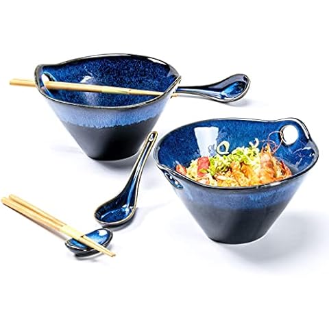 2 Sets Japanische Ramenschale, Küche Müslischalen für 2 Personen, Ramen Schüssel Set mit Löffel und Essstäbchen Cover