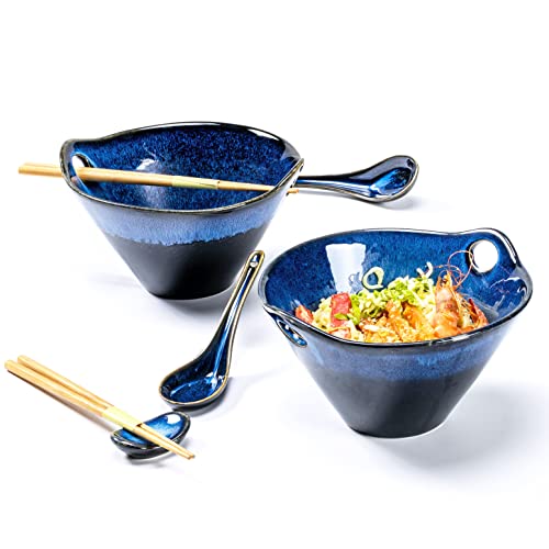 Bols Ramen, Porcelaine Bols à Soupe de 2 × 900ml avec Cuillère et Baguettes , Bol Japonais pour Soupe, Udon, Salade, Céréales, Convient Micro-onde et Lave-vaisselle - Set de 8 Pièces Cover