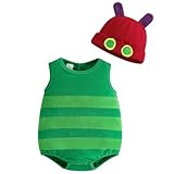 Infant Baby Boys Girls Halloween Hungry Caterpillar Costume Sleeveless Striped Fleece Bodysuit and Hat Outfit Set(Green,0-6 Months)
