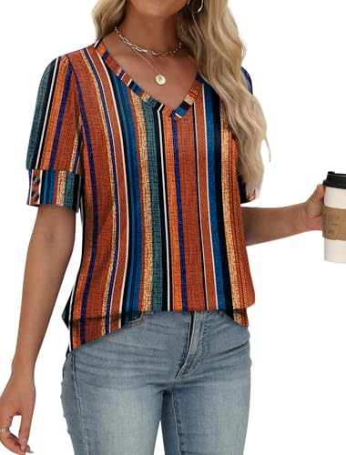Image of OFEEFAN Womens Tops Short Sleeve Shirts Buttons V Neck Spring Fashion Summer Outfits Plus Size Blouses Dressy Casual