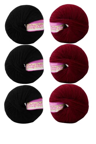 Image of Vardhman BabySoft Knitting Yarn | 100% Acrylic Wool | 4 Ply | Thin Knitting & Crocheting Hook Thread & Lightweight | Special Baby Wool | 150 Grams (6 Balls of 25g) | Machine Washable | Ideal for Blankets, Hats, Booties Ultra-Soft for Baby Sweaters, Blankets, Caps, Socks, Soft toys, Art & craft (Maroon 20 + Black 21)