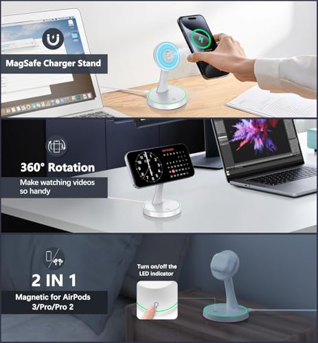 Chargeur Induction iphon,Charging Station 2 en 1 OANDYS 15 W,Compatible avec Mag-Safe pour iPhone 17/16/15/14/13/12/AirPods 4/3/2/Pro,Station de Charge Apple avec Voyant Lumineux réglable – vue 2