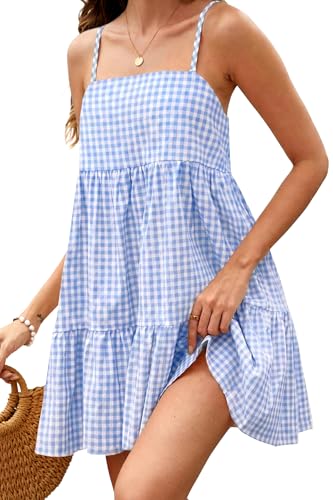 ELLEVEN Summer Dresses for Women Gingham Spring Babydoll Maternity Plaid Mini Beach Casual Sun Dress Flowy Midi Short Cute A Line Sundress Resort Wear Knee Length Sky Blue Small