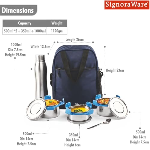 Image of SignoraWare All Steel Fusion Jumbo Stainless Steel Lunch Box | Airtight & Leakproof | Ideal for Office, School, Travel & Outdoor Use (500mlx2 + 350ml + 1 LTR | Set of 4 | TBlue)