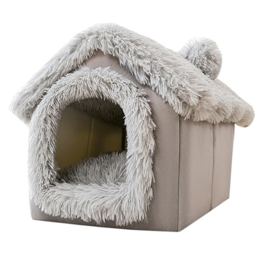 Cuccia per Cani Chiusa, Cuccia per Cani in Peluche Morbida e Calda con Grotta di Copertura, Tenda Tipo Casetta Rimovibile e Lavabile (Grigio, 40x35x38 cm)