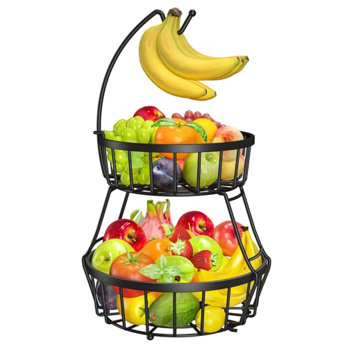 OrderlyGo Thicken Fruit Bowl Basket with Banana Hanger - Durable Detachable Kitchen Countertop Organizer for Fruits Vegetables Snacks Metal Wire Countertop Storage Basket for Kitchen (Black)